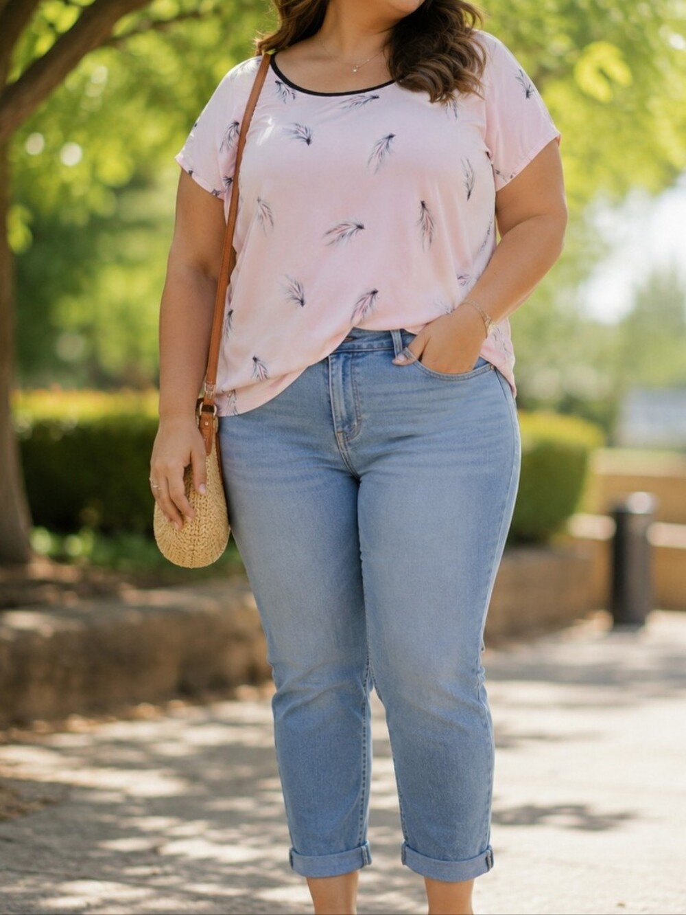 Michel Studio Plus Size Light Pink Feather Print Short Sleeve Blouse Soft Casual